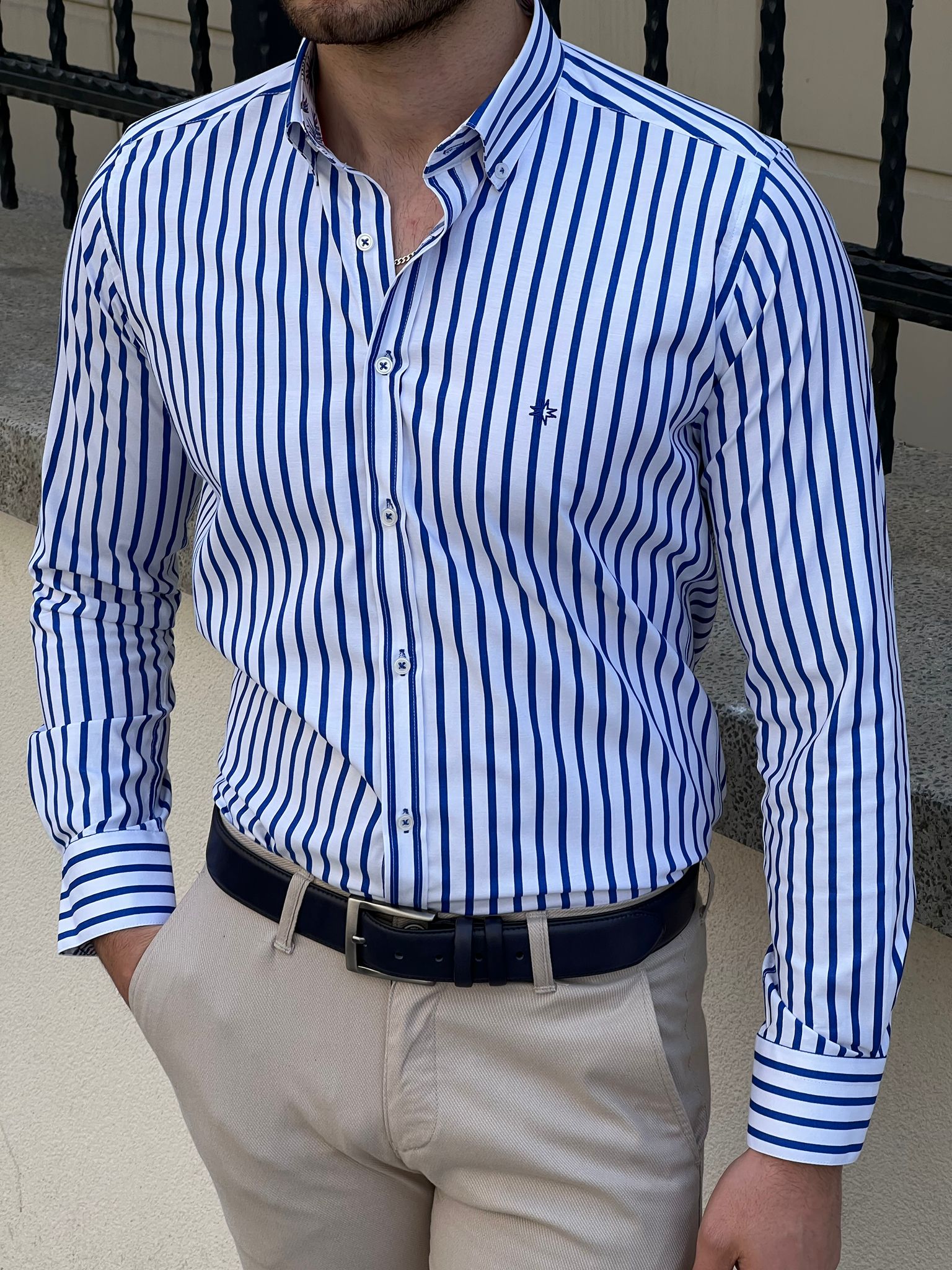 Bojoni Montebello Slim Fit High Quality Striped White & Sax Shirt