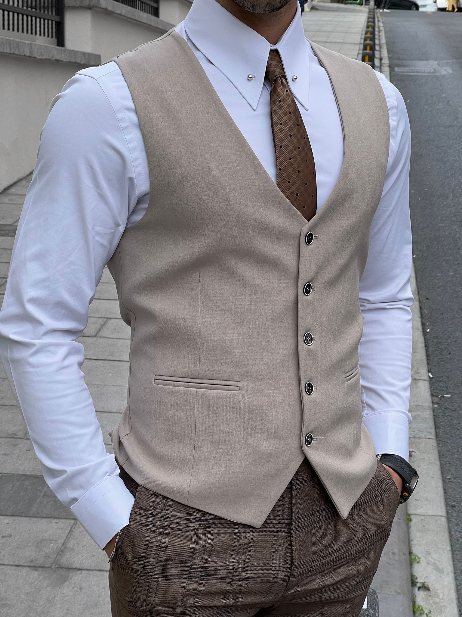 Louis SLim Fit Beige Woolen Vest