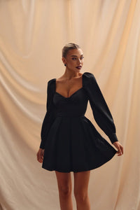 Viclans Satin Black Dress with Corset Effect and Pleated Skirt