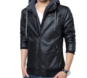 Mens PU Leather Jacket with Removable Hood