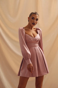 Viclans Satin Pink Dress with Corset Effect and Pleated Skirt