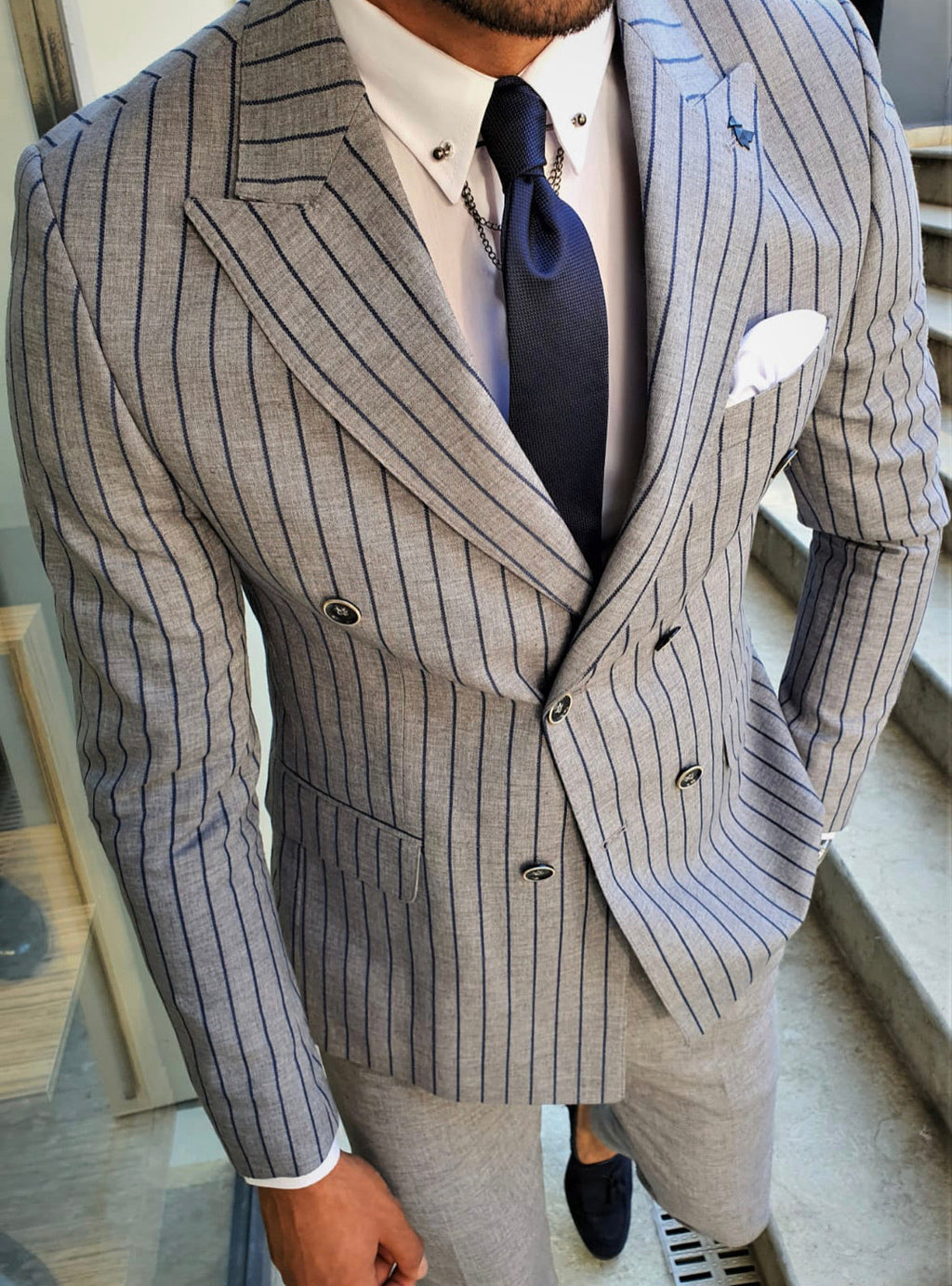 Bojoni Navy Blue Slim Fit Pinstripe Double Breasted Suit-baagr.myshopify.com-suit-BOJONI