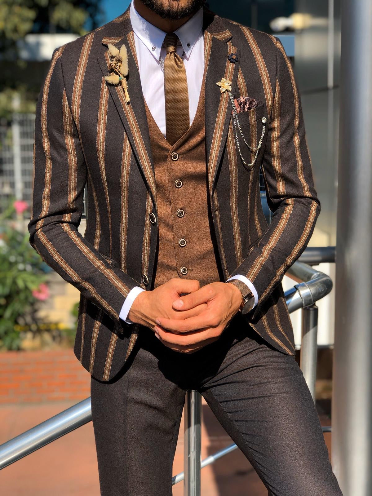 Lazi Slim-Fit Striped Suit Vest Brown-baagr.myshopify.com-suit-BOJONI