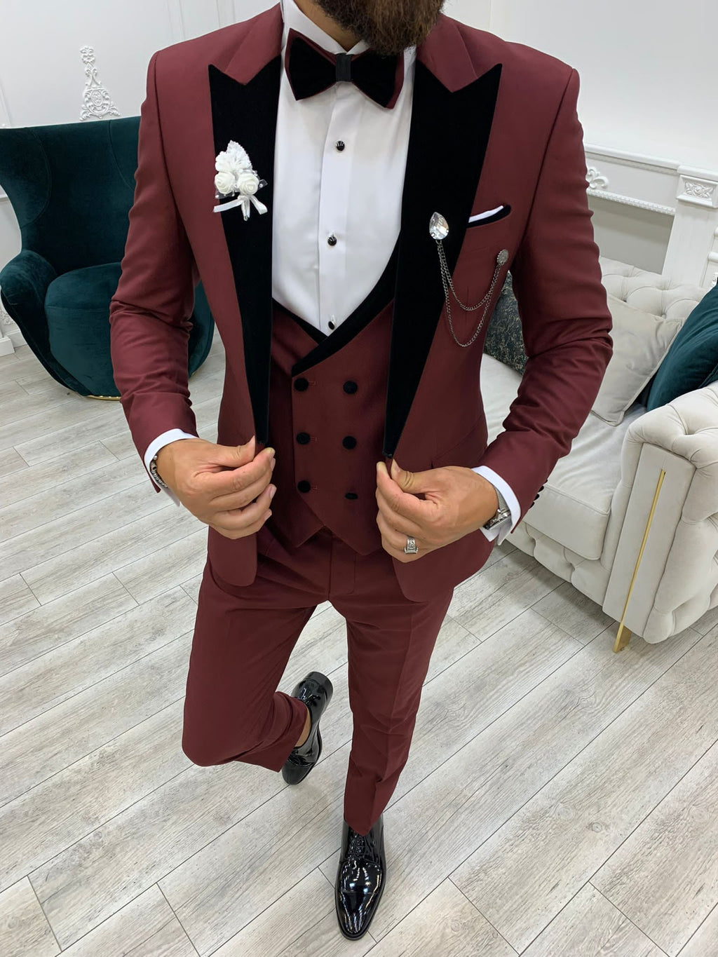 Fettachi Burgundy Slim Fit Velvet Peak Lapel Tuxedo-baagr.myshopify.com-1-BOJONI