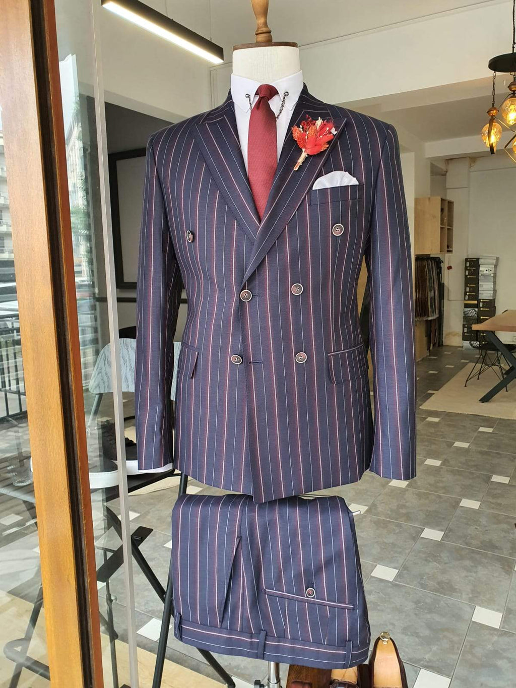 Boston Navy Blue Slim Fit Double Breasted Pinstripe Suit-baagr.myshopify.com-suit-BOJONI