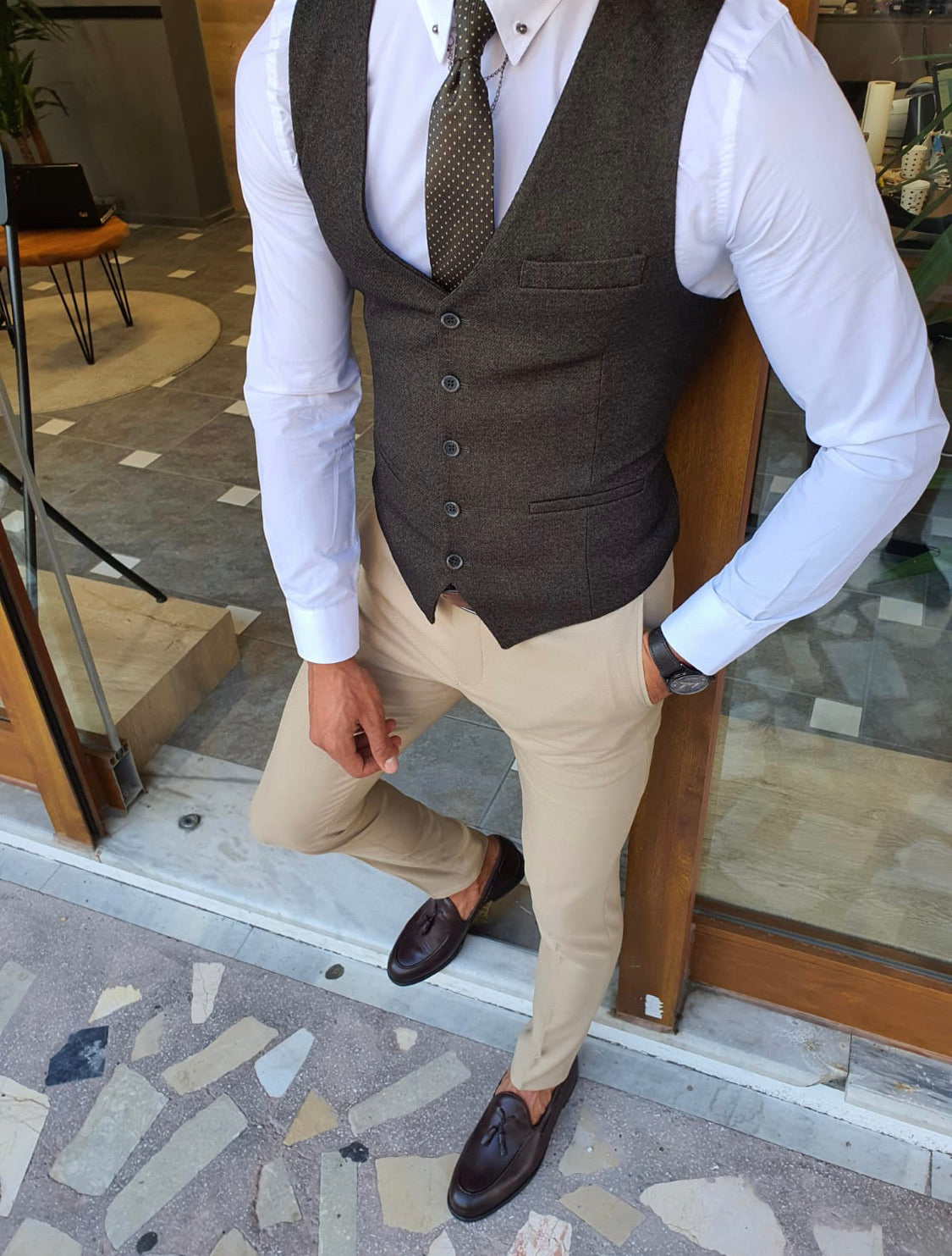 Daroni Khaki Slim Fit Vest-baagr.myshopify.com-suit-BOJONI