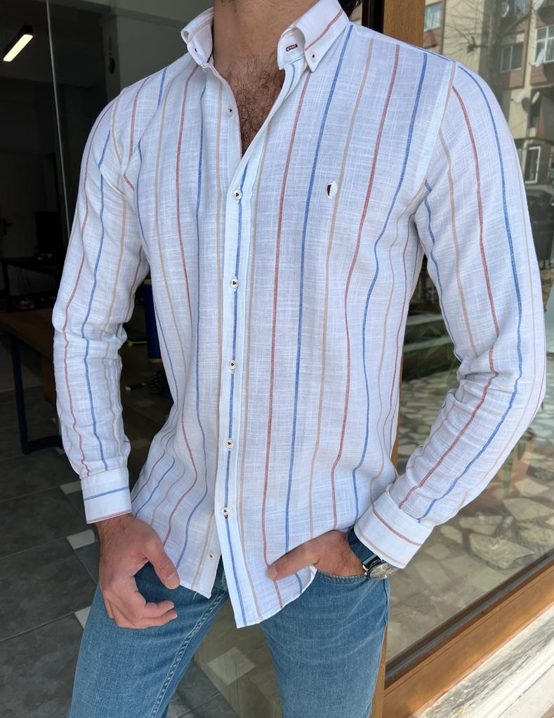 Bojoni Manteno Slim Fit White Striped Cotton Shirt