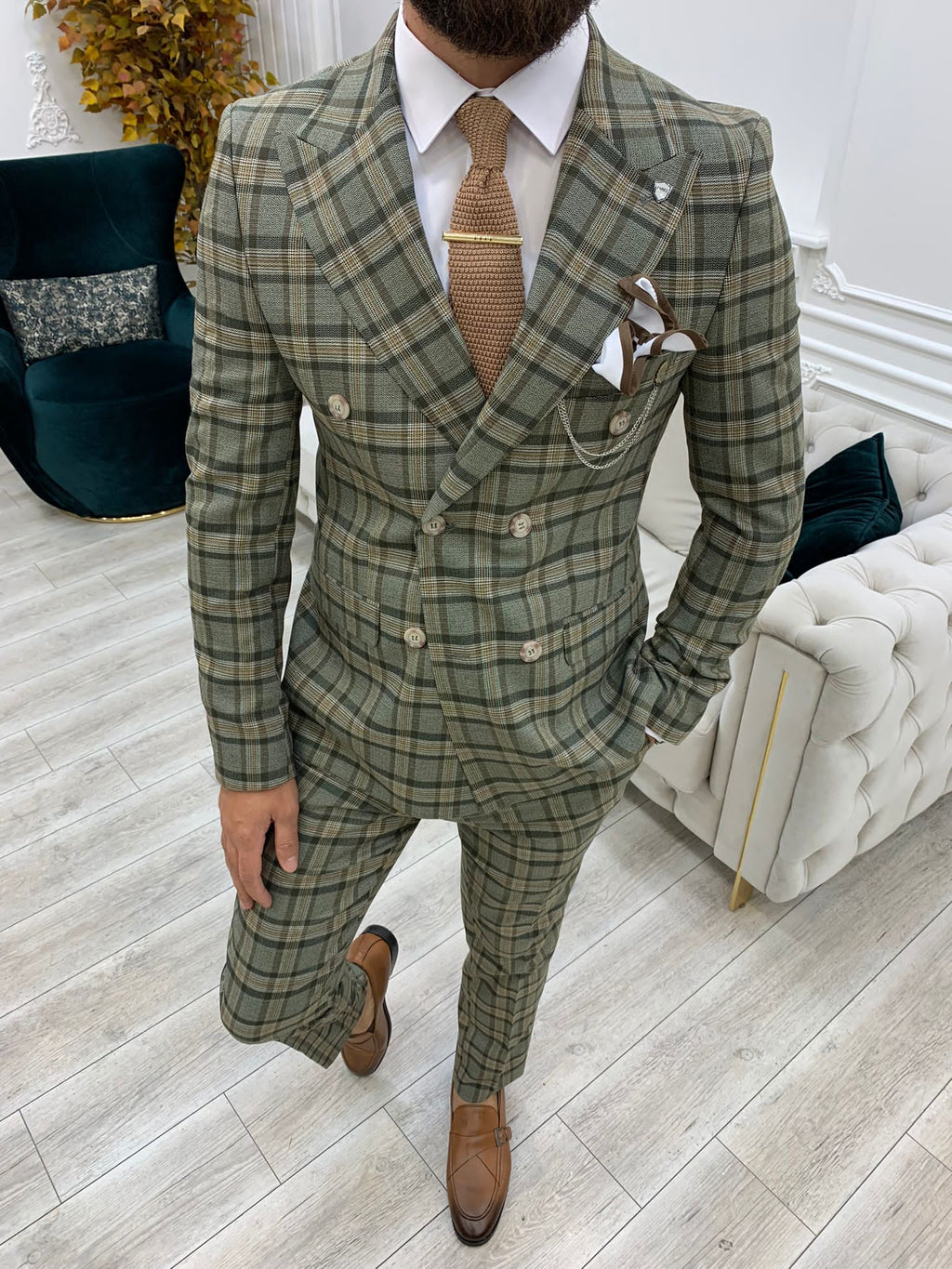 Vince Khaki Slim Fit Double Breasted Plaid Suit-baagr.myshopify.com-1-BOJONI