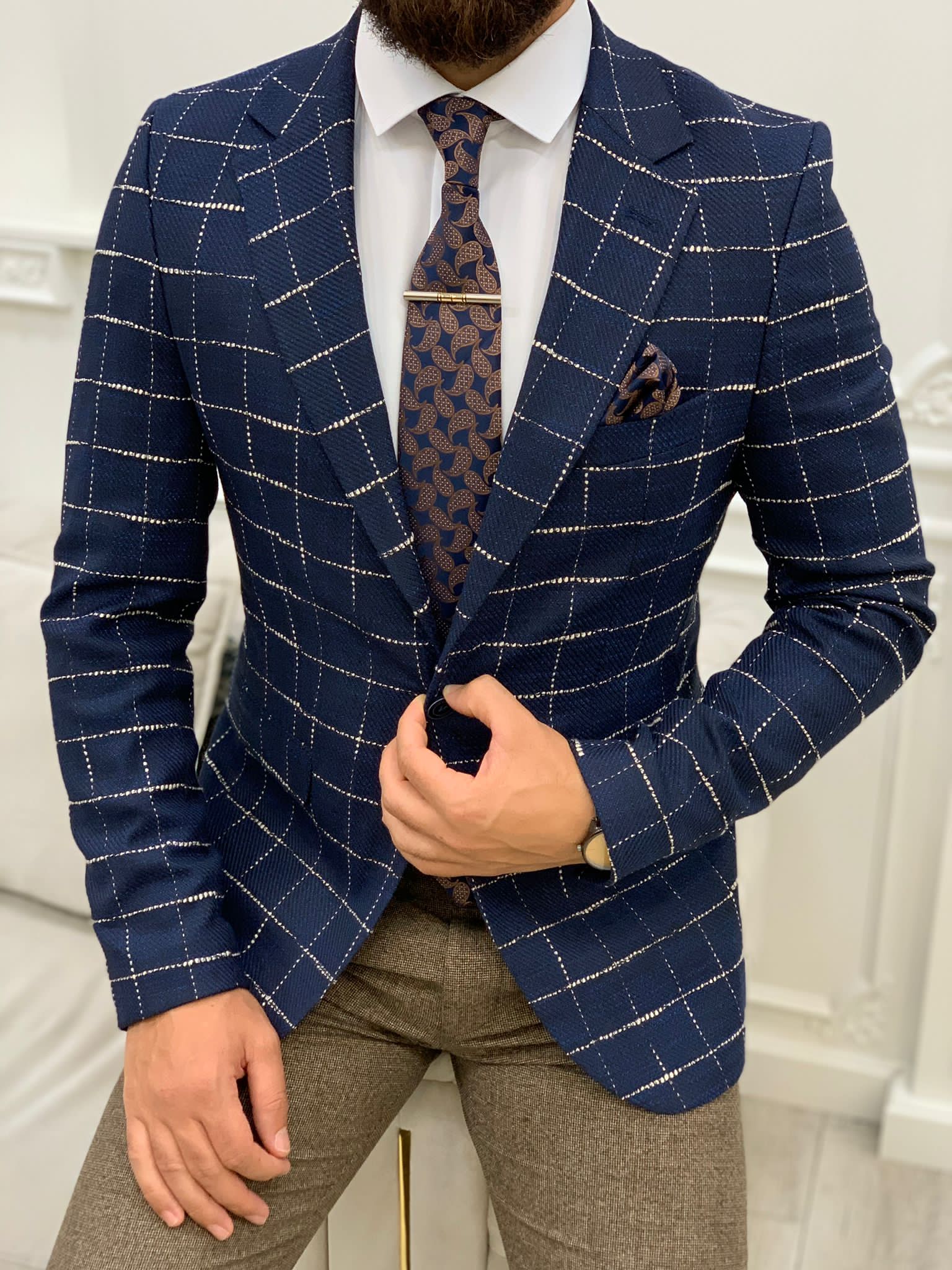 Serra Navy Blue Slim Fit Plaid Suit-baagr.myshopify.com-1-BOJONI