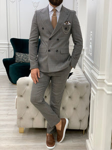 Rosario Light Gray Slim Fit Double Breasted Plaid Suit-baagr.myshopify.com-1-BOJONI