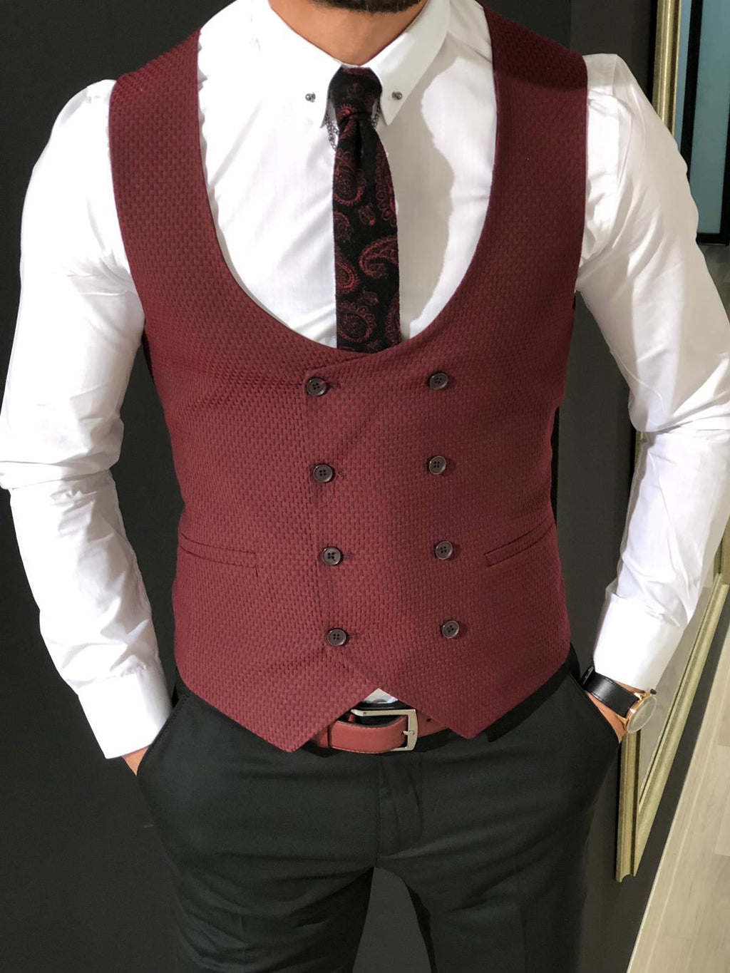 Slim-Fit Double  Breasted Vest Claretred-baagr.myshopify.com-suit-BOJONI