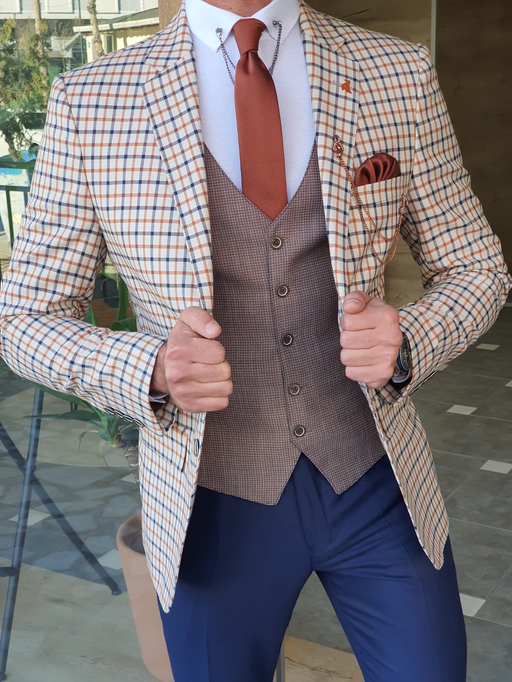 Forenzax Beige Plaid Slim Fit Suit-baagr.myshopify.com-suit-BOJONI