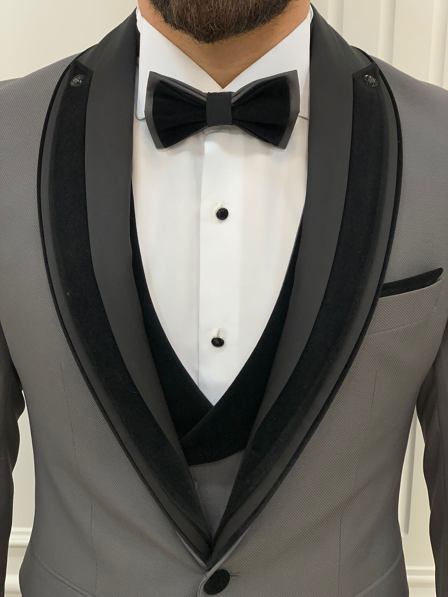 Bojoni Tishko Gray Shawl Velvet Collar Slim Fit Tuxedo