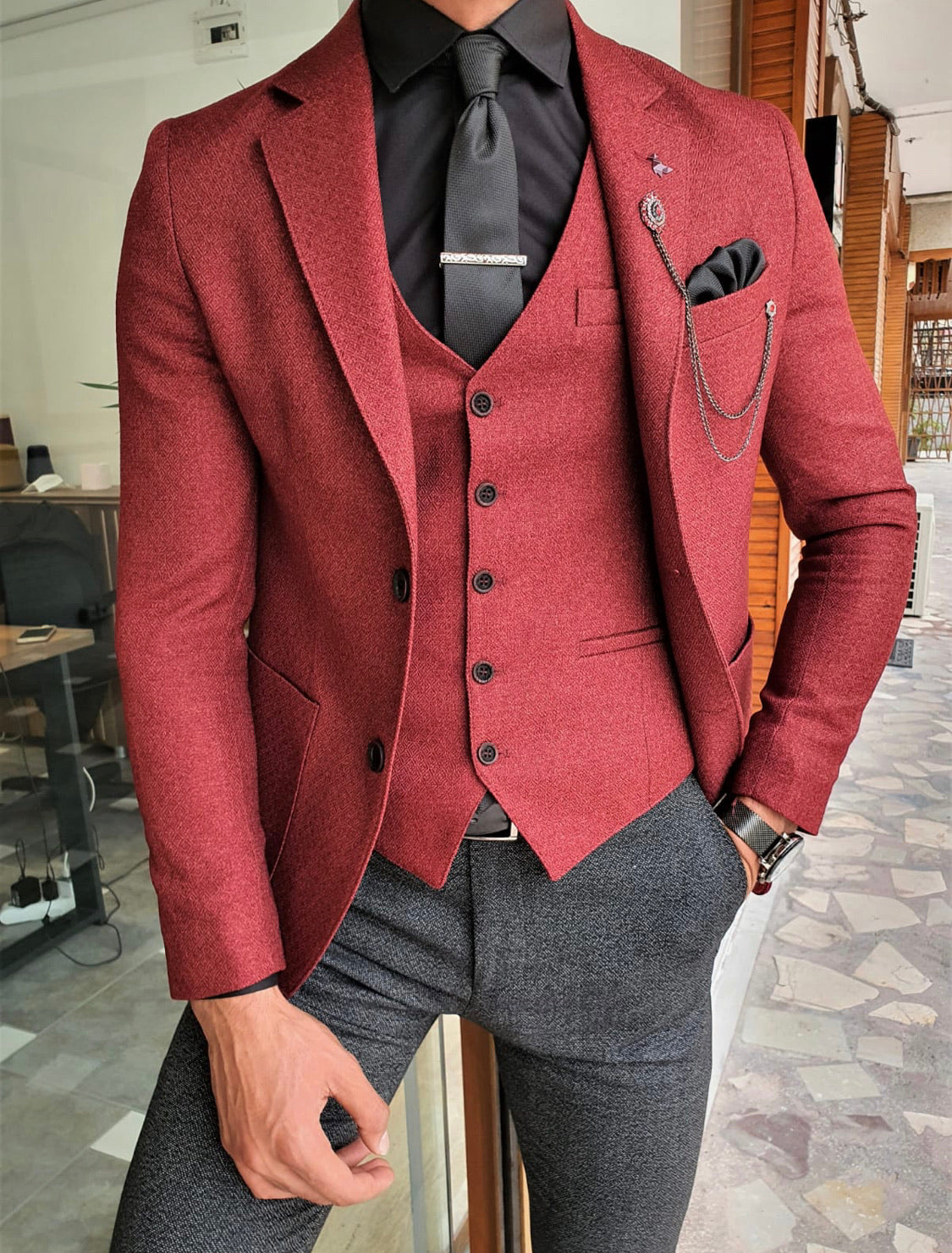 Daroni Claret Red Slim Fit Suit-baagr.myshopify.com-suit-BOJONI