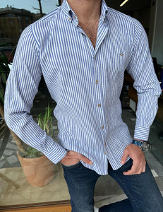 Bojoni Manteno Slim Fit Blue Striped Cotton Shirt