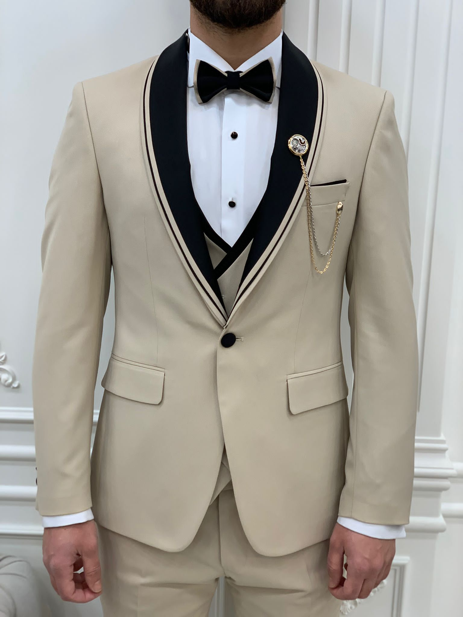 Bojoni Tishko Beige Shawl Collar Slim Fit Tuxedo