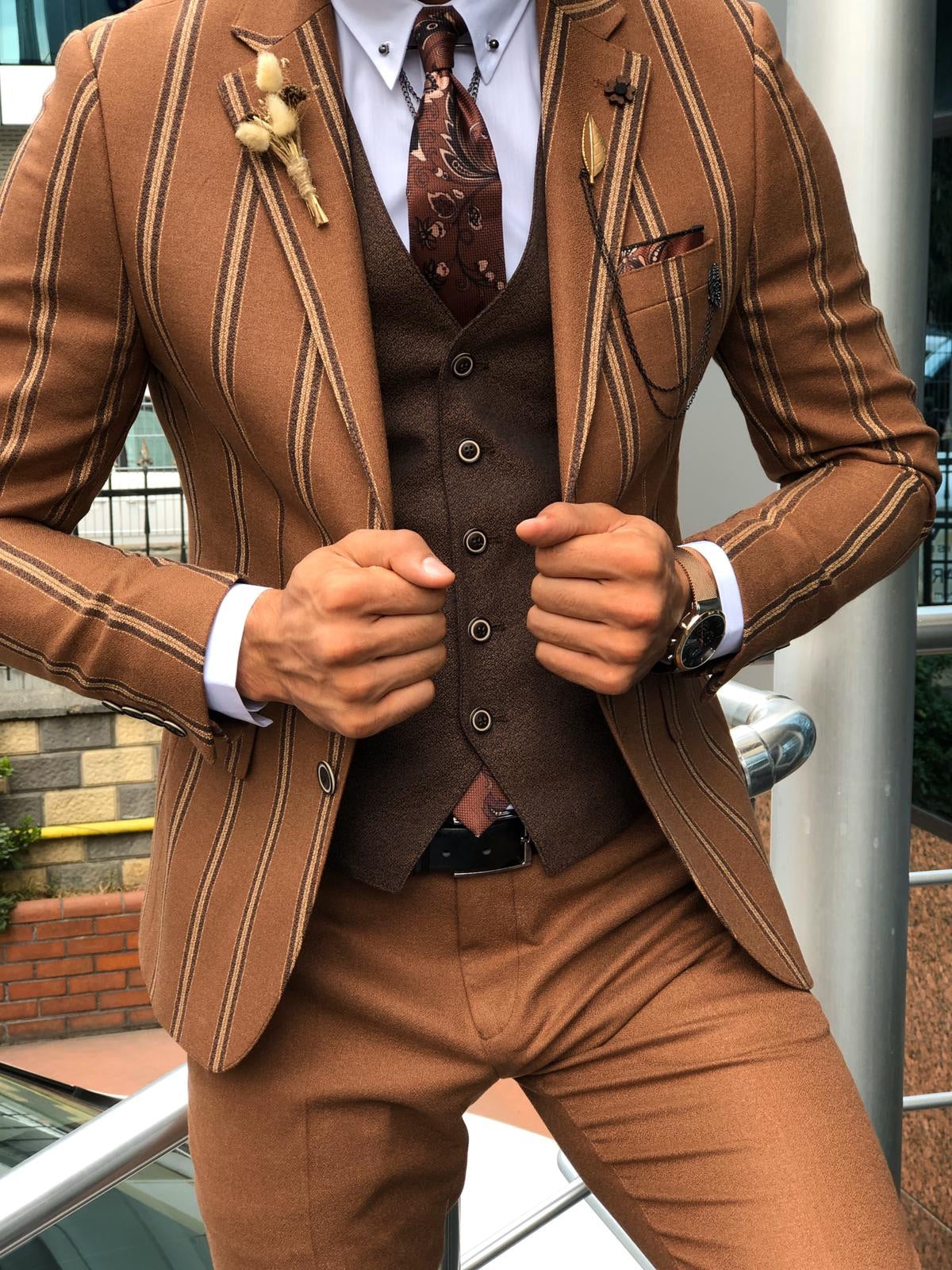 Slim-Fit Striped Suit Vest Camel-baagr.myshopify.com-suit-BOJONI