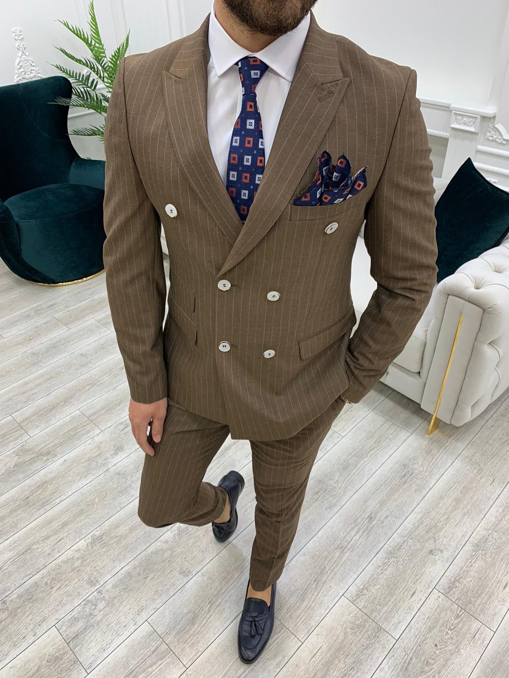 Furino Brown Slim Fit Double Breasted Pinstripe Suit-baagr.myshopify.com-1-BOJONI