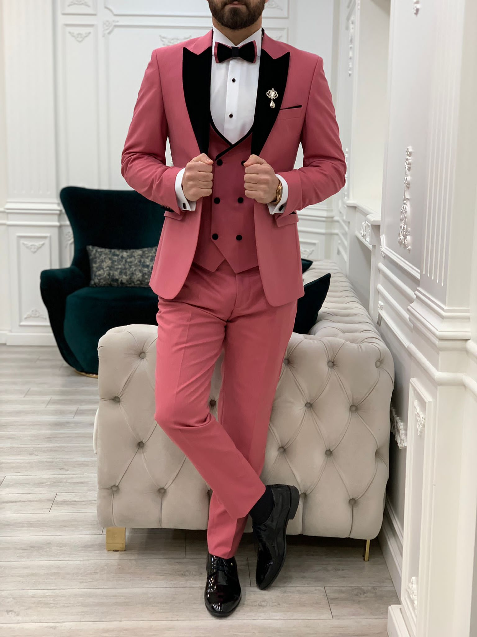 Bojoni Tishko Pink Velvet  Slim Fit Tuxedo