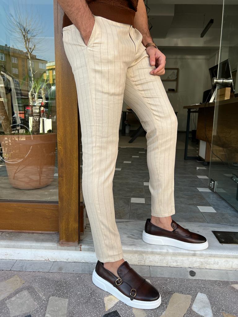 Bojoni Manteno Cream Stripes Slim Fit Pants