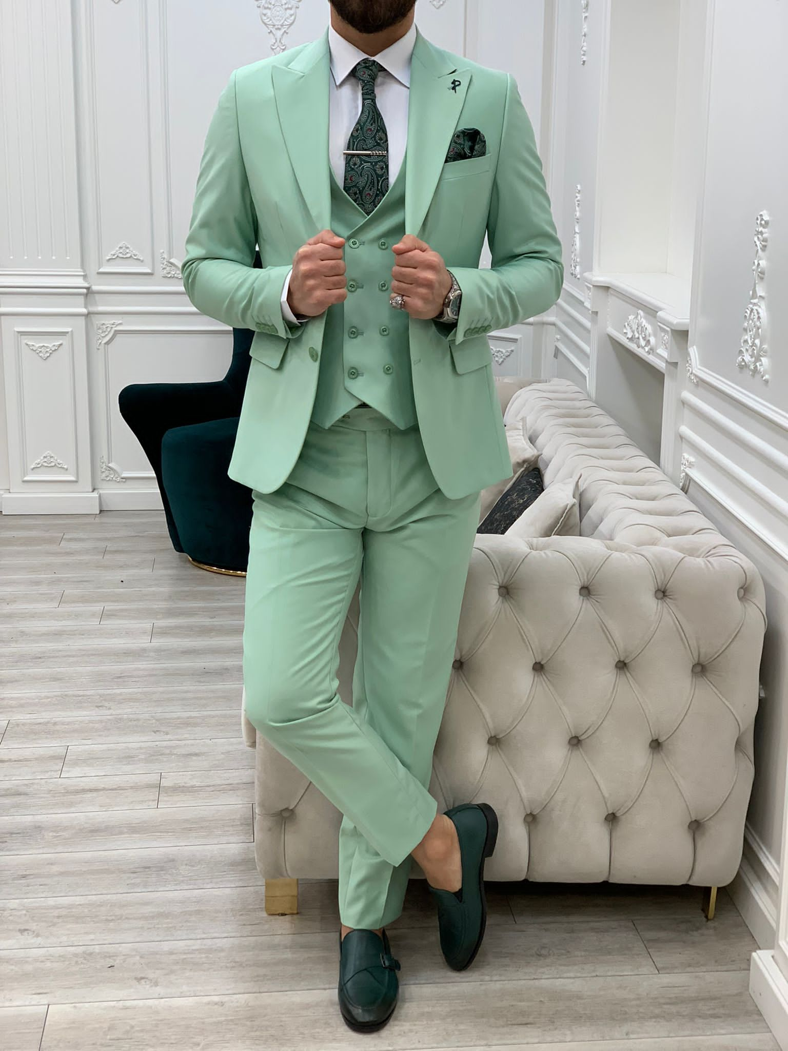 Bojoni Monte Water Green  Slim Fit Suit