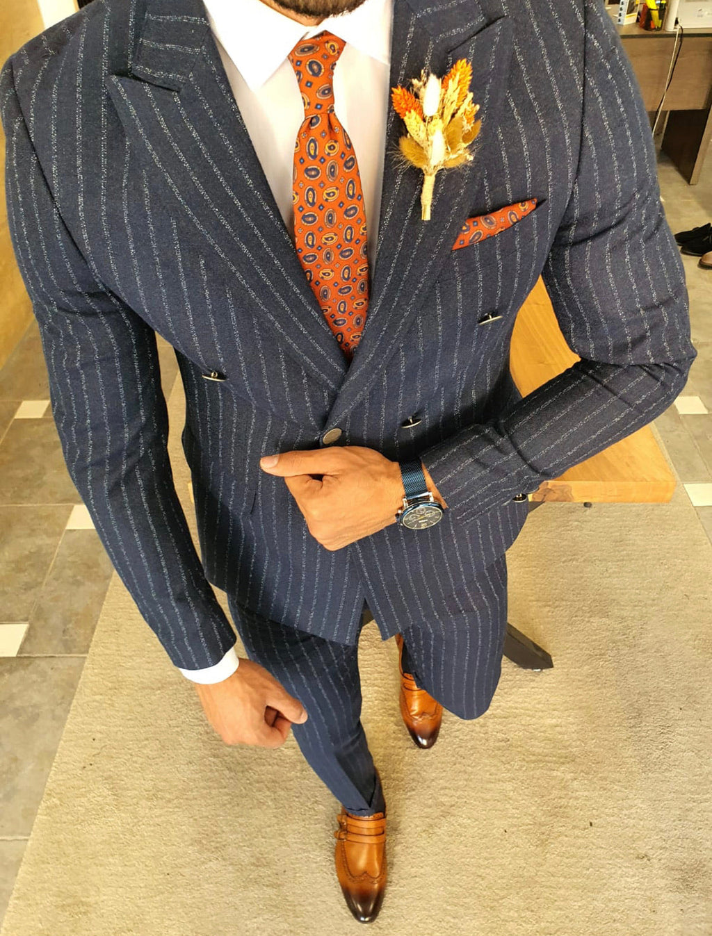 Genova Navy Blue Slim Fit Pinstripe Double Breasted Suit-baagr.myshopify.com-suit-BOJONI