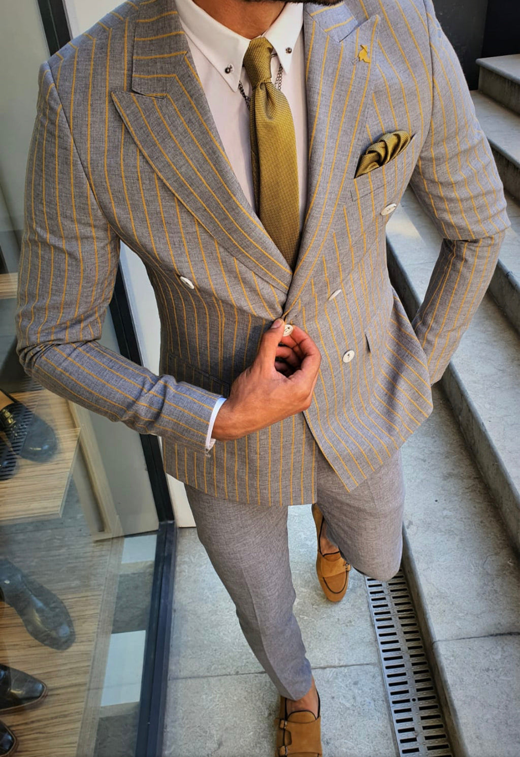 Bojoni Yellow Slim Fit Pinstripe Double Breasted Suit-baagr.myshopify.com-suit-BOJONI