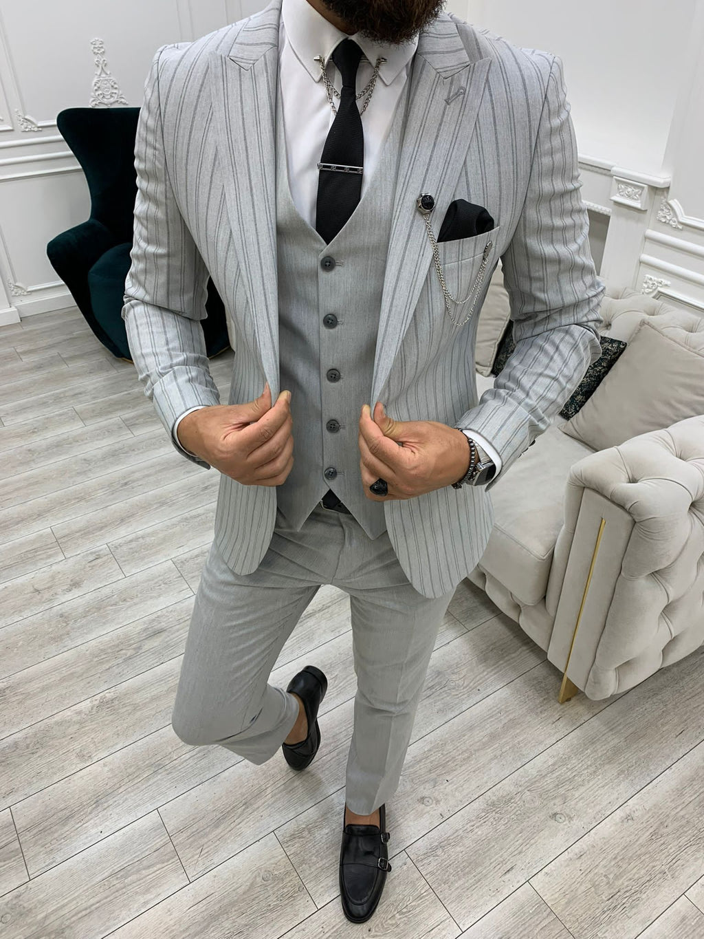 Lambrusco Gray Slim Fit Peak Lapel Striped Suit-baagr.myshopify.com-1-BOJONI