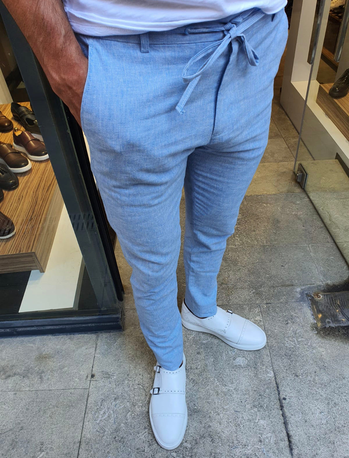 Mulen Blue Slim Fit Laced Striped Pants-baagr.myshopify.com-Pants-BOJONI