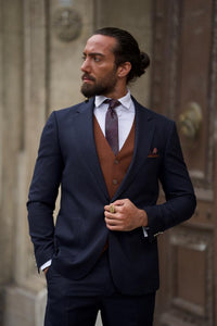 Bojoni Shagori Slim Fit Striped Navy Blue   Suit