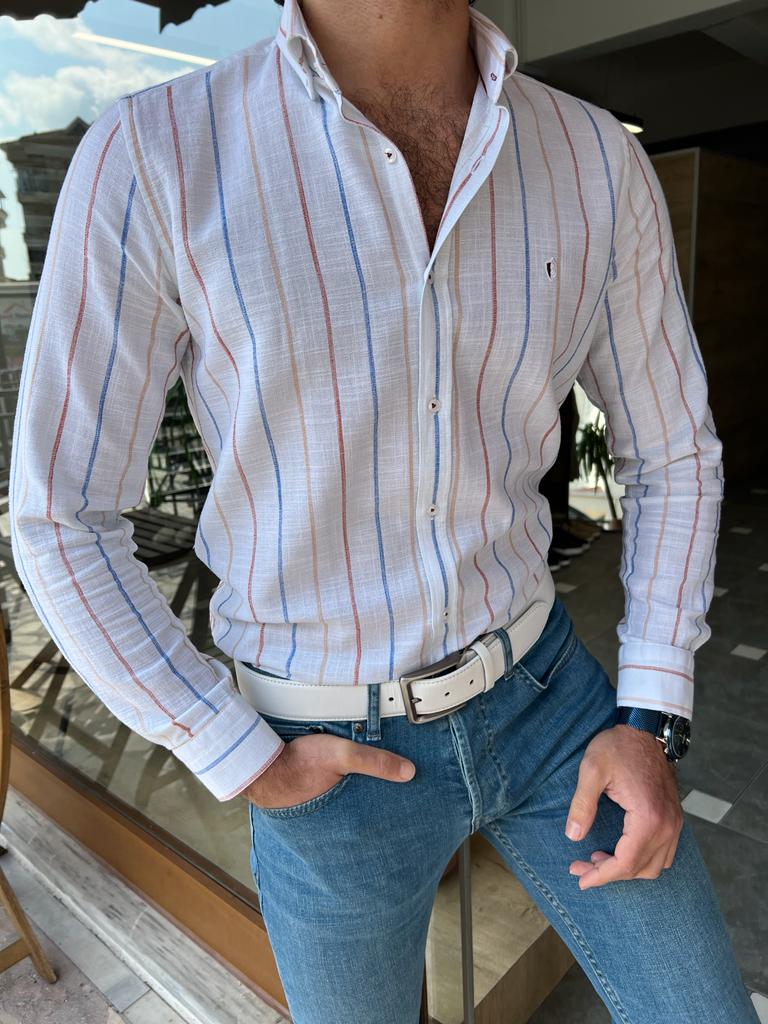 Bojoni Manteno Slim Fit White Striped Cotton Shirt