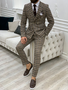 Vince Brown Slim Fit Double Breasted Plaid Suit-baagr.myshopify.com-1-BOJONI