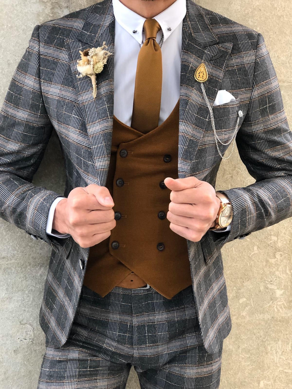 Slim-Fit Plaid Suit Vest Camel & Black-baagr.myshopify.com-suit-BOJONI