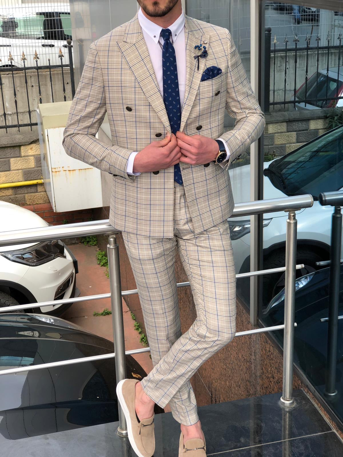 Slim-Fit Plaid Double Breasted Suit Beige-baagr.myshopify.com-suit-BOJONI