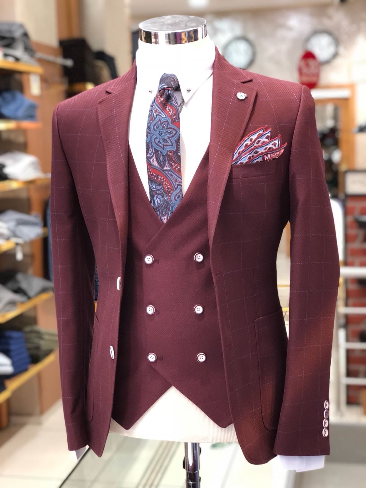 Slim-Fit Plaid Suit Vest Bordeaux-baagr.myshopify.com-suit-BOJONI