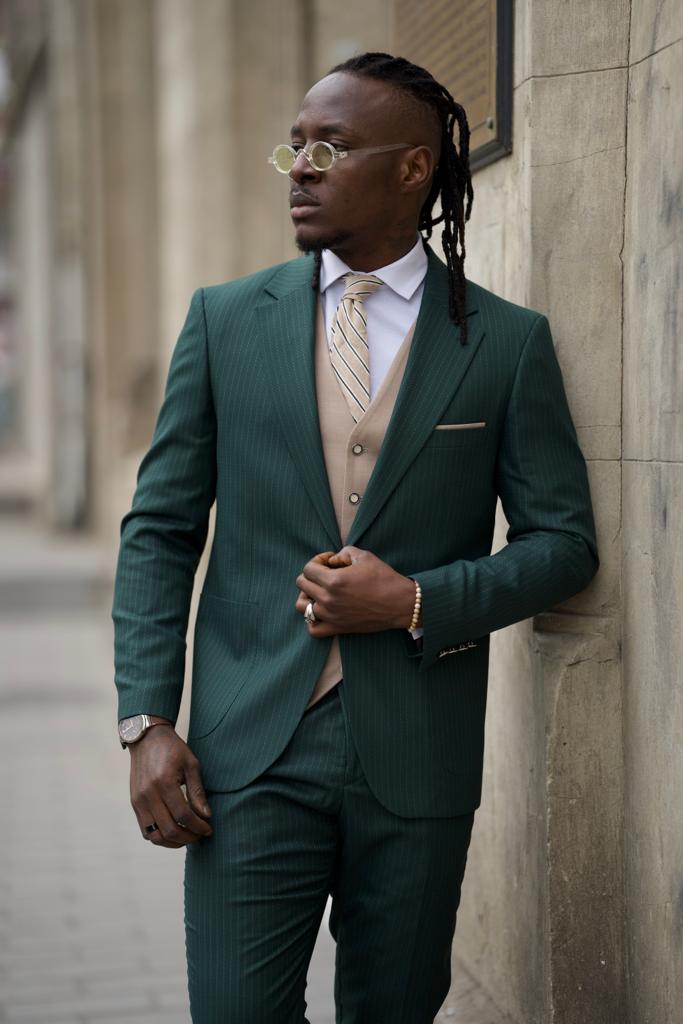 Bojoni Shagori Slim Fit Striped Green  Suit