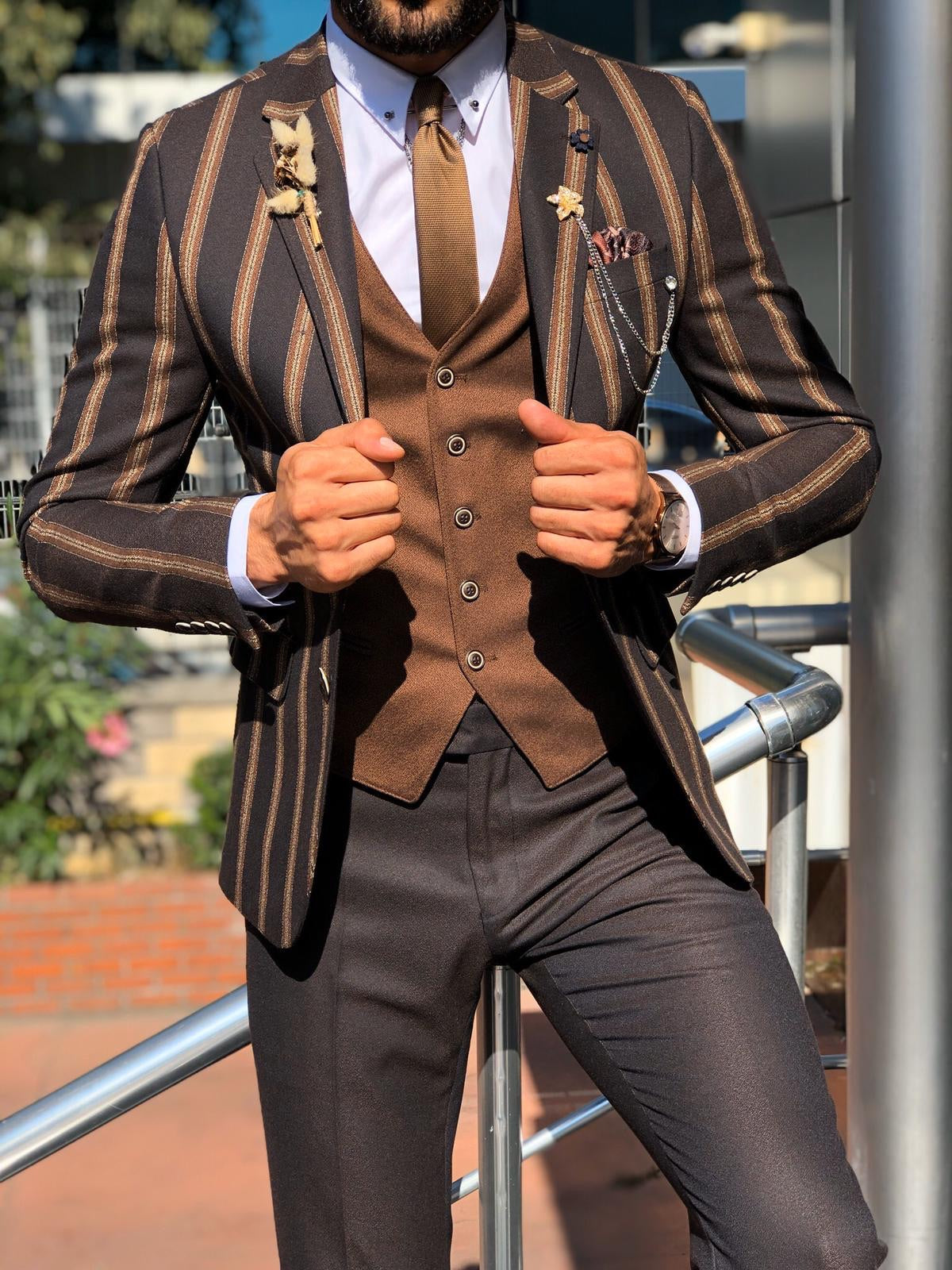 Lazi Slim-Fit Striped Suit Vest Brown-baagr.myshopify.com-suit-BOJONI