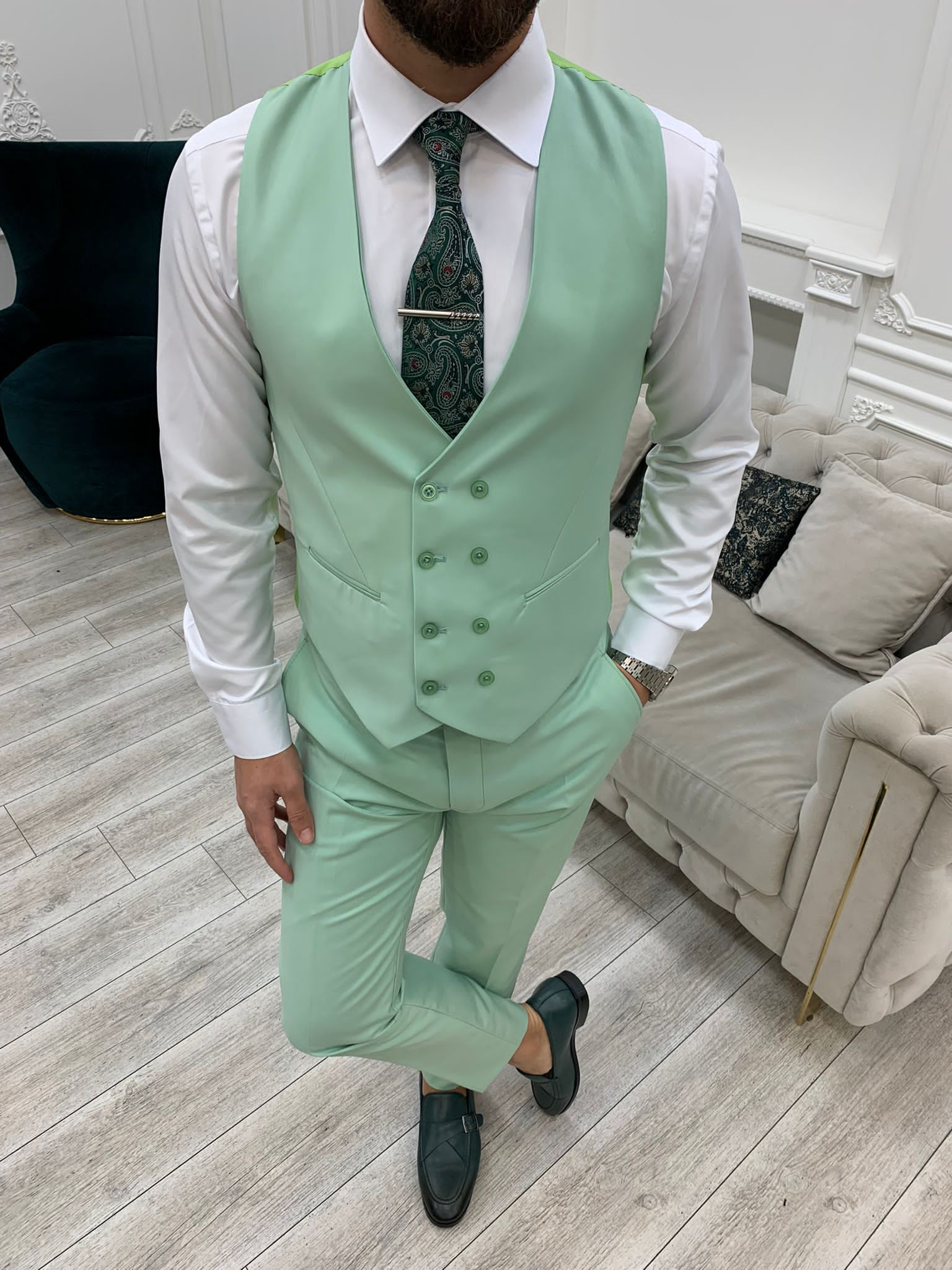 Bojoni Monte Water Green  Slim Fit Suit