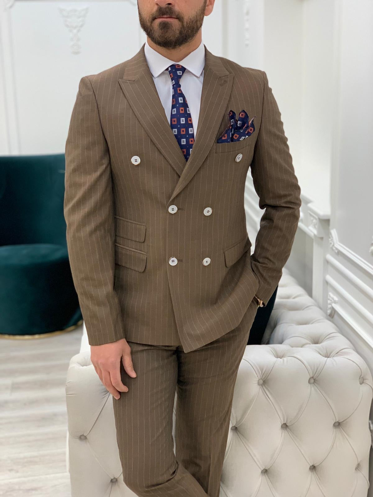 Furino Brown Slim Fit Double Breasted Pinstripe Suit-baagr.myshopify.com-1-BOJONI