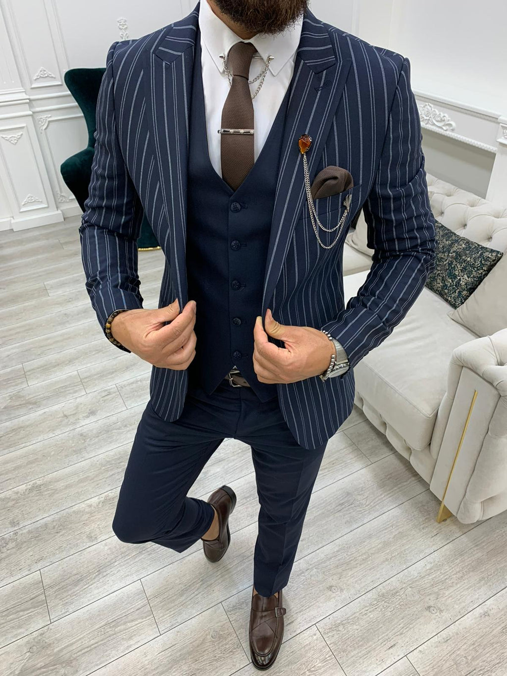 Lambrusco Navy Blue  Slim Fit Peak Lapel Striped Suit-baagr.myshopify.com-1-BOJONI