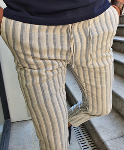Newark Navy Blue Slim Fit Laced Striped Linen Pants-baagr.myshopify.com-Pants-BOJONI