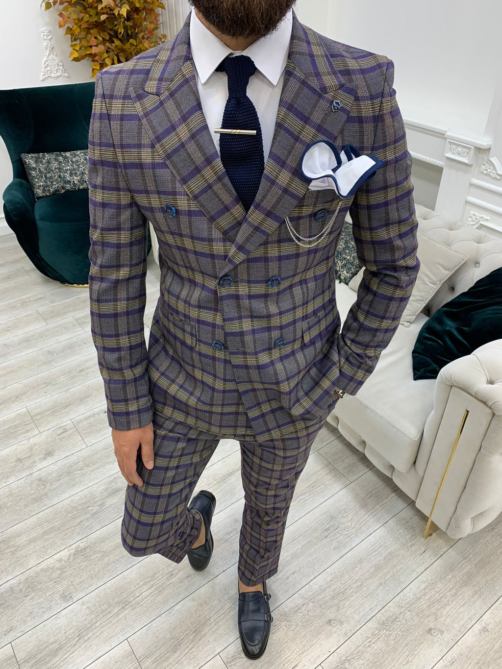 Vince Purple Slim Fit Double Breasted Plaid Suit-baagr.myshopify.com-1-BOJONI