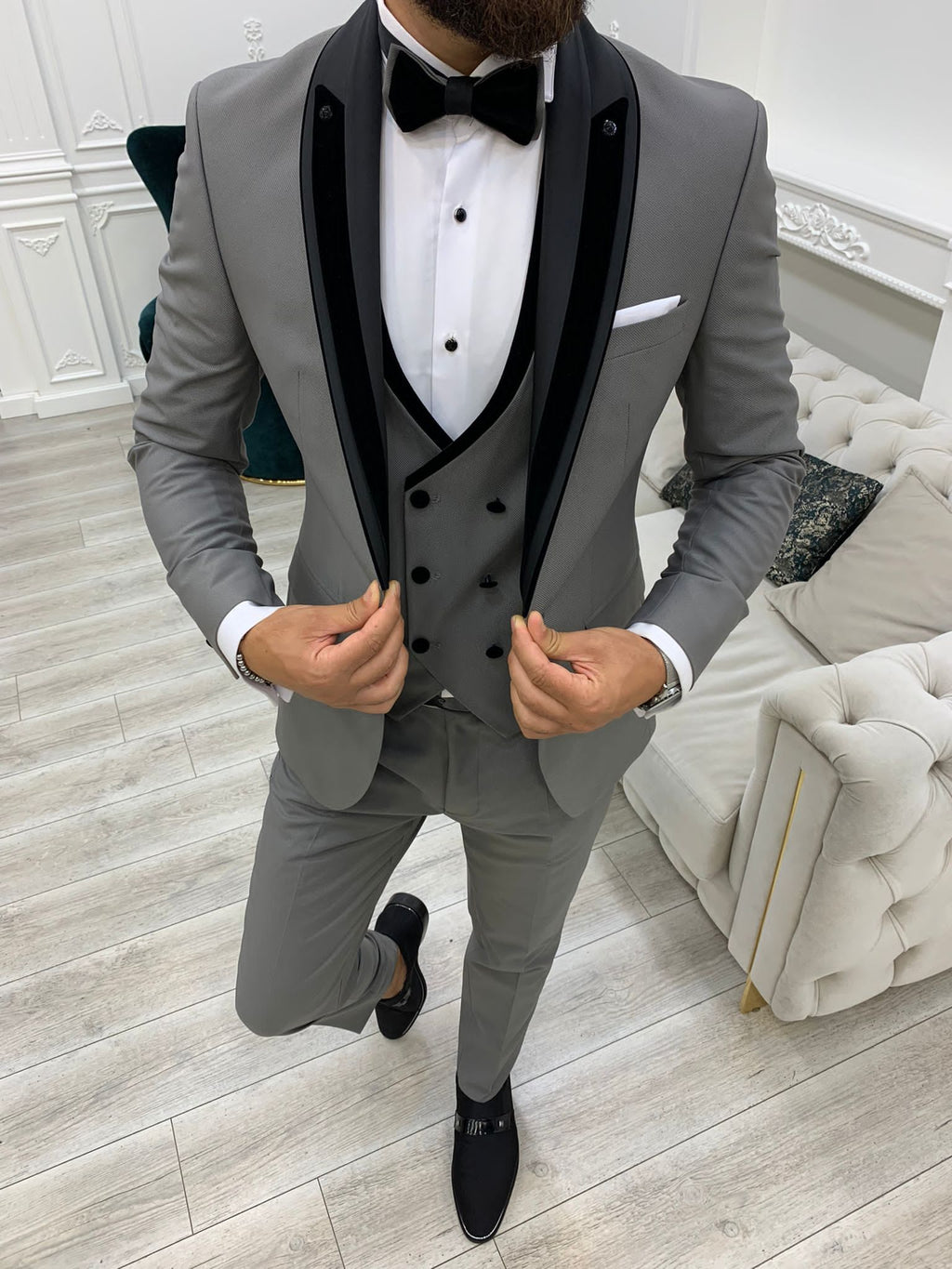 Rocca Gray Slim Fit Velvet Peak Lapel Tuxedo-baagr.myshopify.com-1-BOJONI