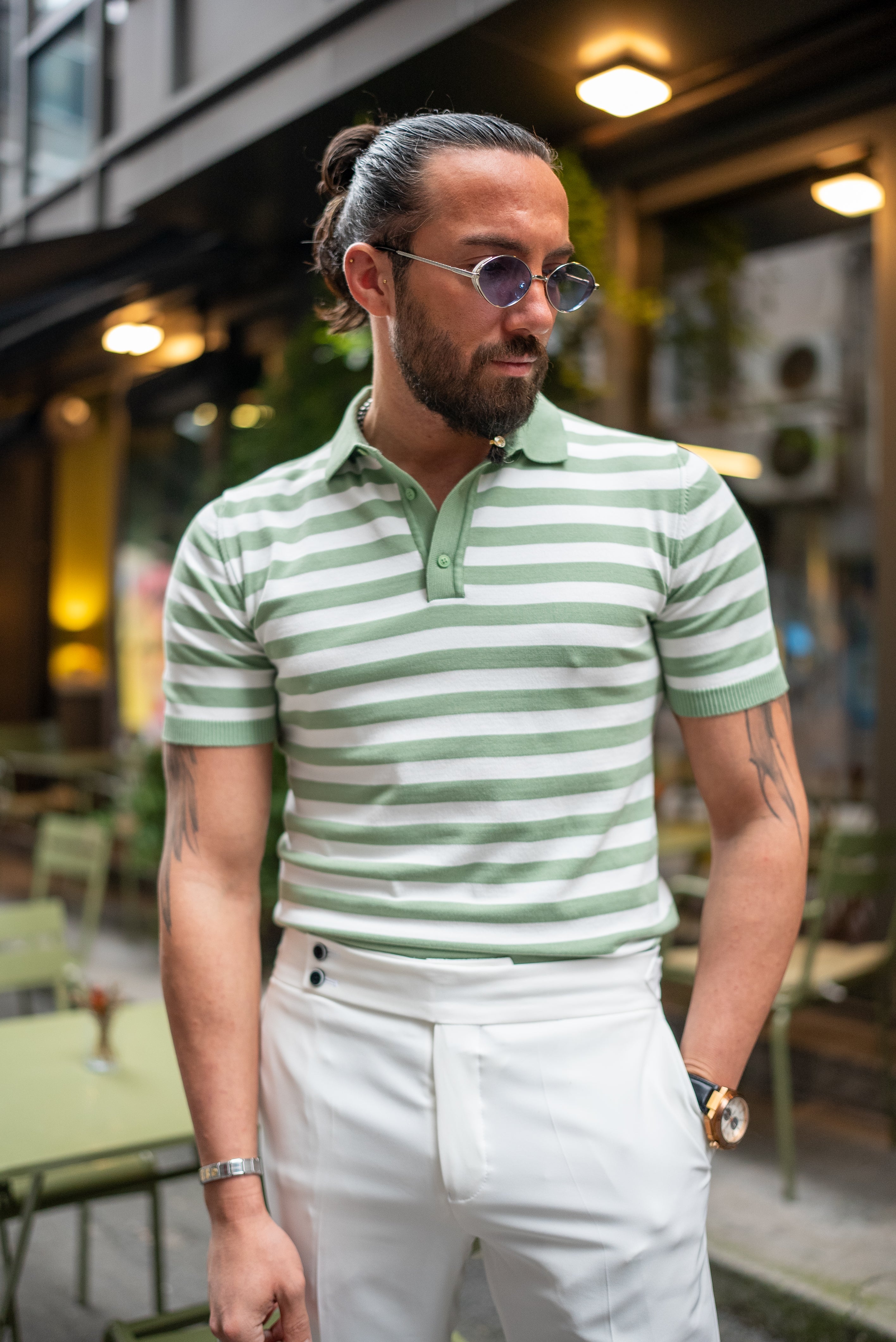 Bojoni Bath Green Striped Polo Shirt
