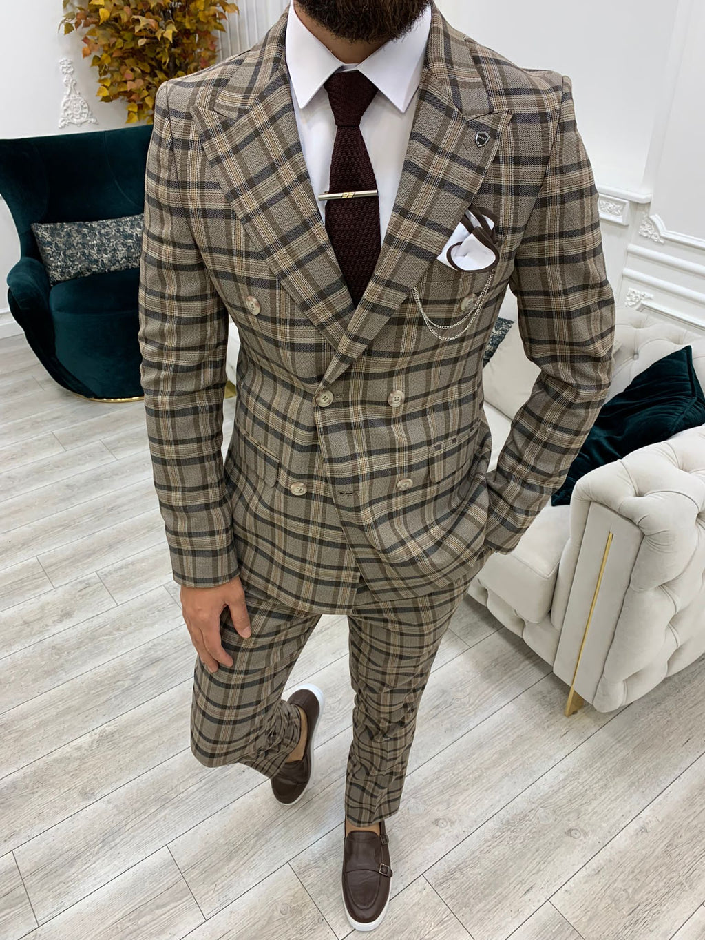 Vince Brown Slim Fit Double Breasted Plaid Suit-baagr.myshopify.com-1-BOJONI