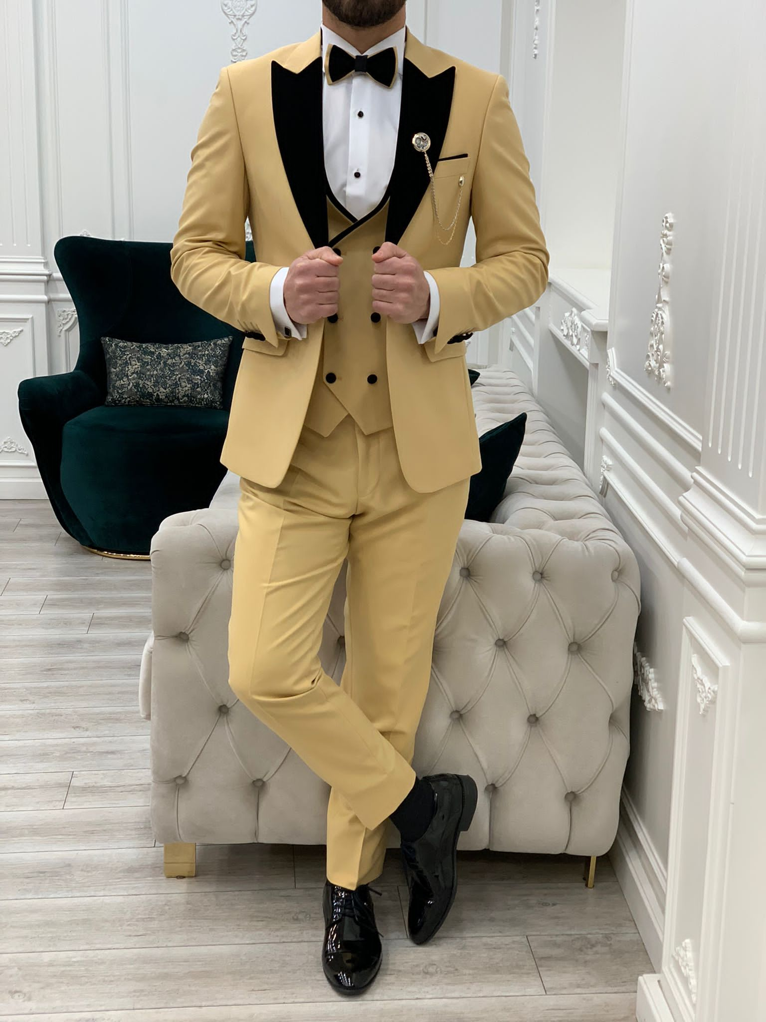 Bojoni Tishko Yellow Velvet  Slim Fit Tuxedo