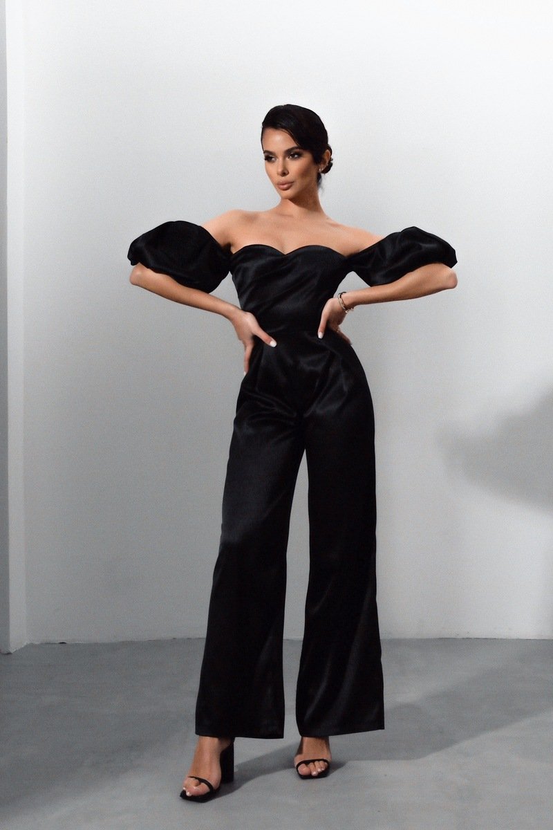 Viclans Off-The-Shoulder Satin Black Jumpsuit with Puffy Sleeves