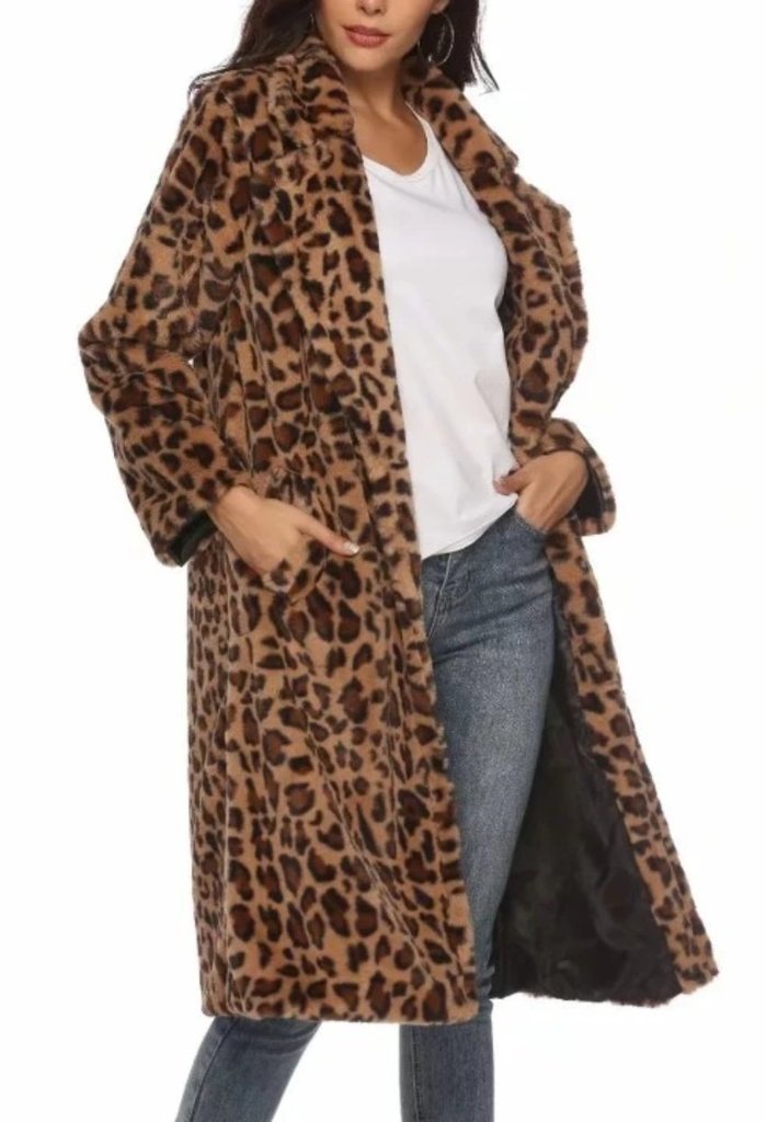 Womens Leopard Print Faux Fur Coat