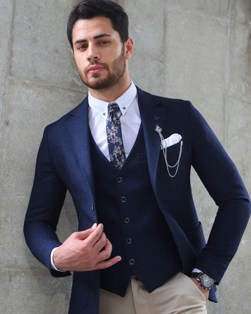 Garuzo Navy Blue Slim Fit Plaid Wool Suit-baagr.myshopify.com-suit-BOJONI