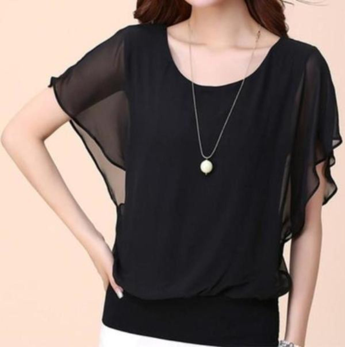 Casual Black Chiffon Batwing Blouse